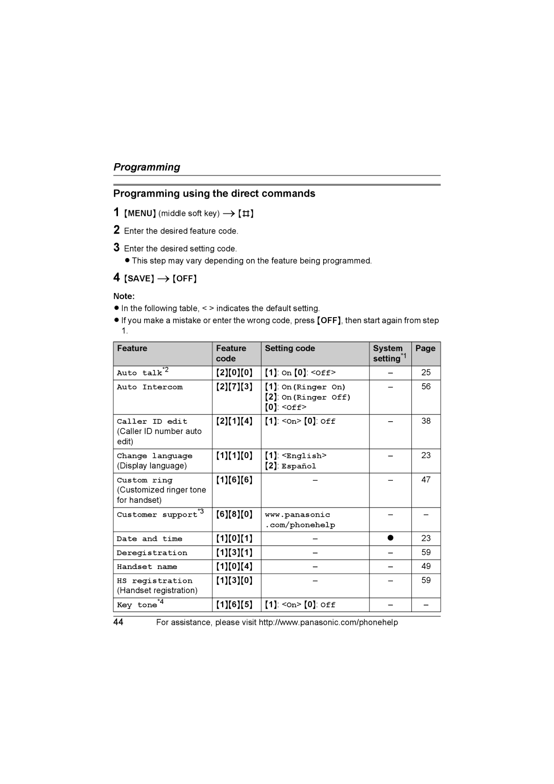 Panasonic KX-TG5761, KX-TG5766, KX-TG5767 Programming using the direct commands 1, Feature Setting code System Code 