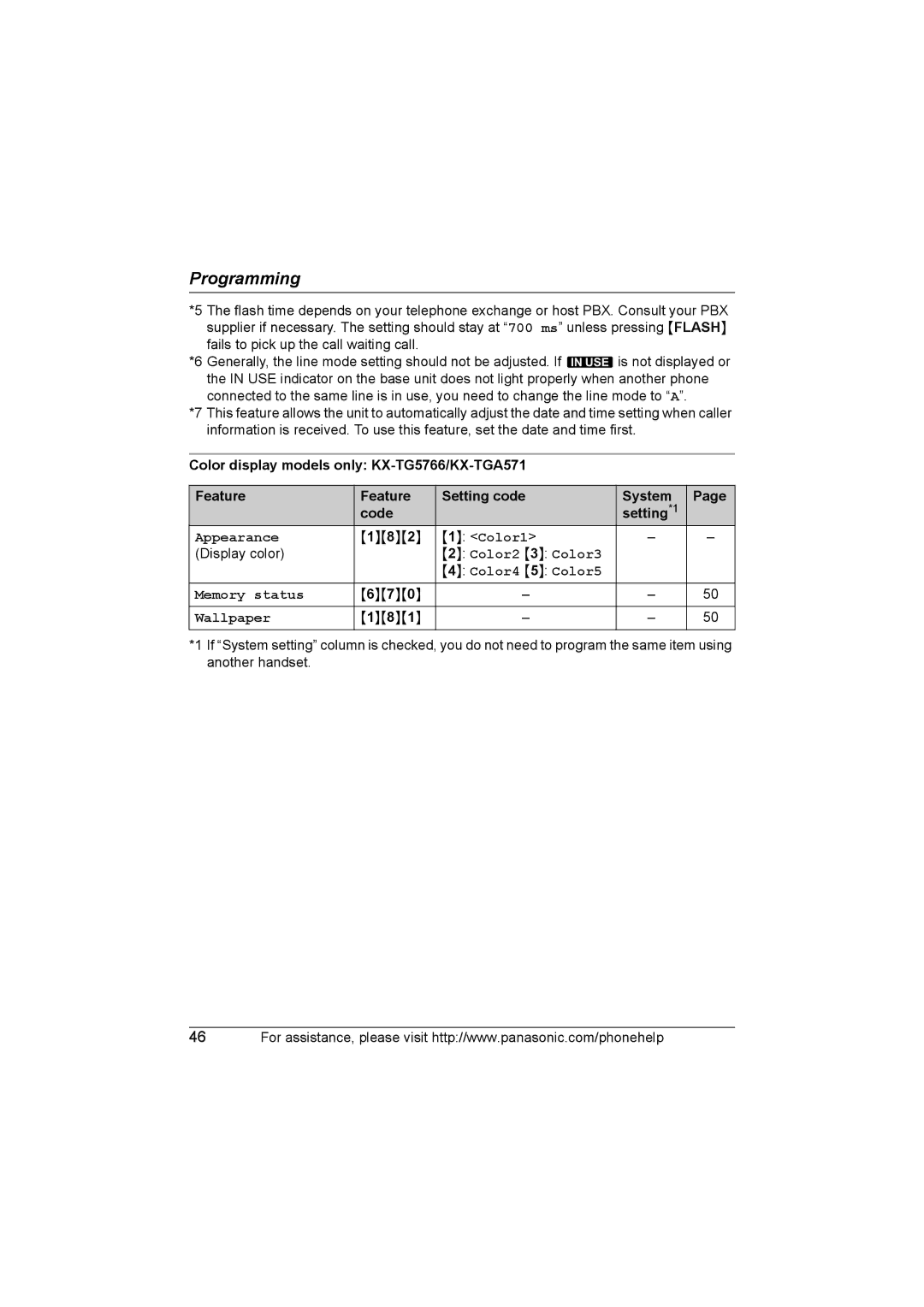 Panasonic KX-TG5761, KX-TG5766, KX-TG5767 operating instructions Color2 3 Color3 Color4 5 Color5 Memory status 