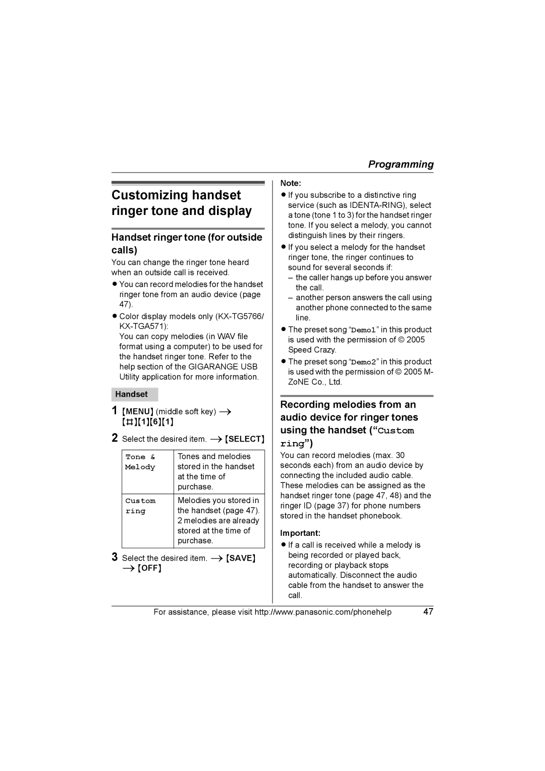 Panasonic KX-TG5761, KX-TG5766, KX-TG5767 operating instructions Handset ringer tone for outside calls, Off 