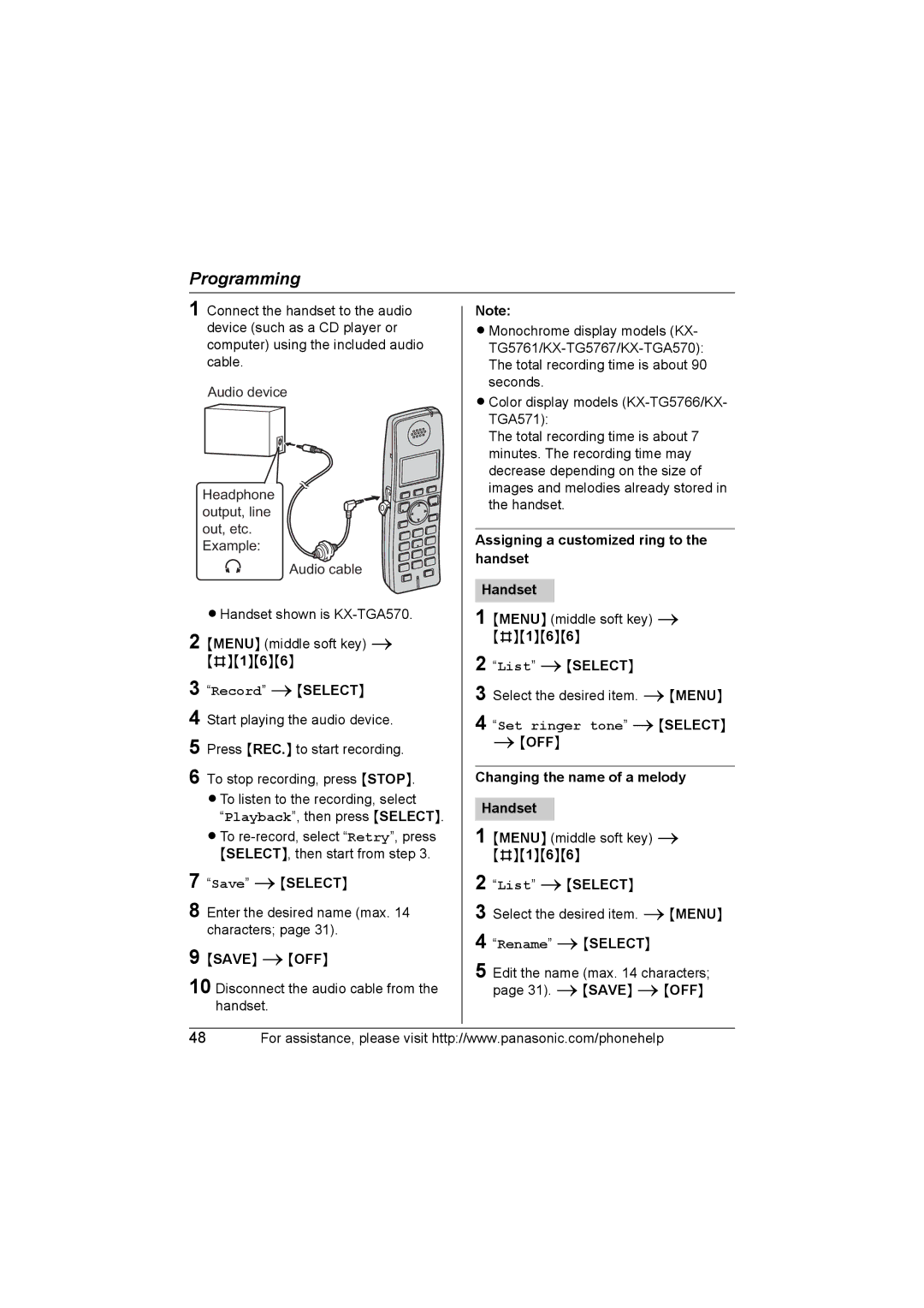 Panasonic KX-TG5761, KX-TG5766, KX-TG5767 Assigning a customized ring to, Changing the name of a melody 