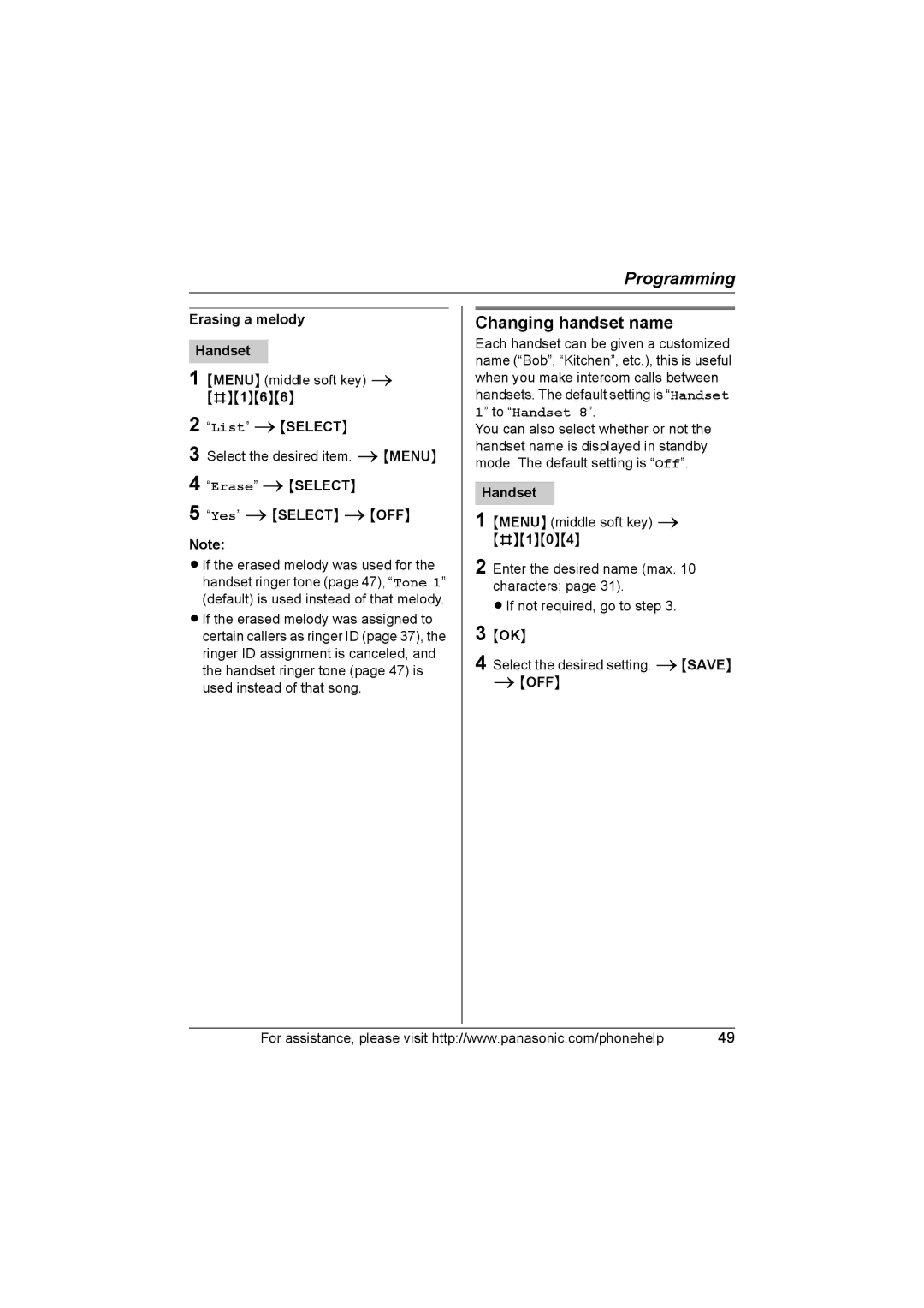 Panasonic KX-TG5761, KX-TG5766, KX-TG5767 operating instructions Changing handset name, Erasing a melody Handset 