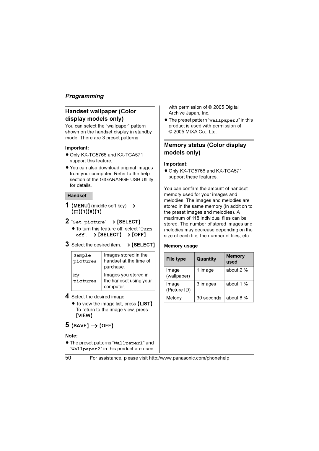 Panasonic KX-TG5761, KX-TG5766, KX-TG5767 operating instructions Handset wallpaper Color display models only 