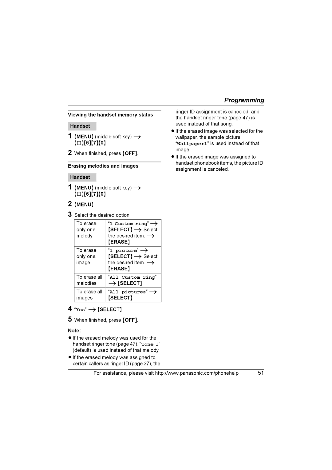 Panasonic KX-TG5761, KX-TG5766, KX-TG5767 Viewing the handset memory status Handset, Erasing melodies and images Handset 