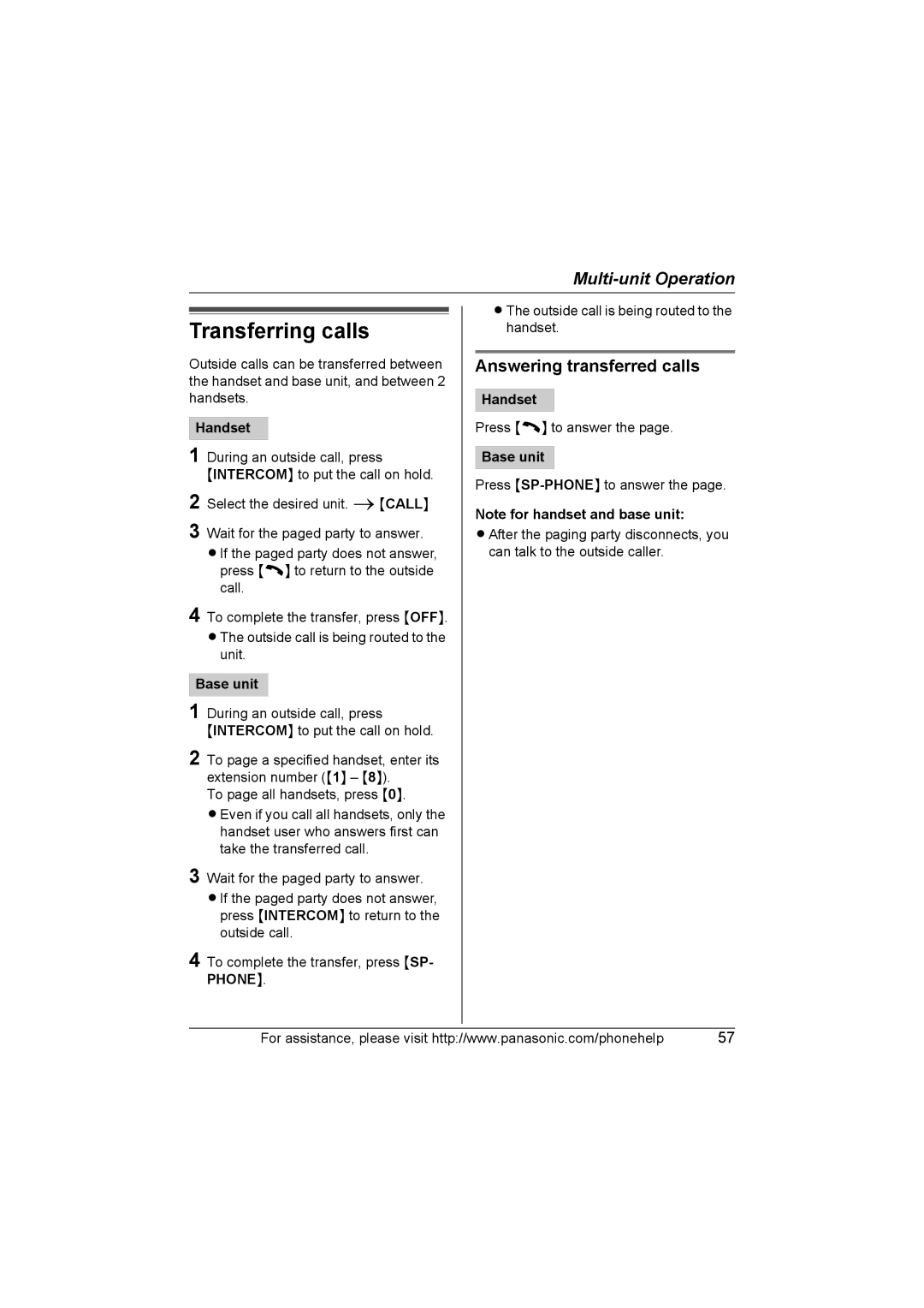 Panasonic KX-TG5761, KX-TG5766, KX-TG5767 operating instructions Transferring calls, Answering transferred calls 