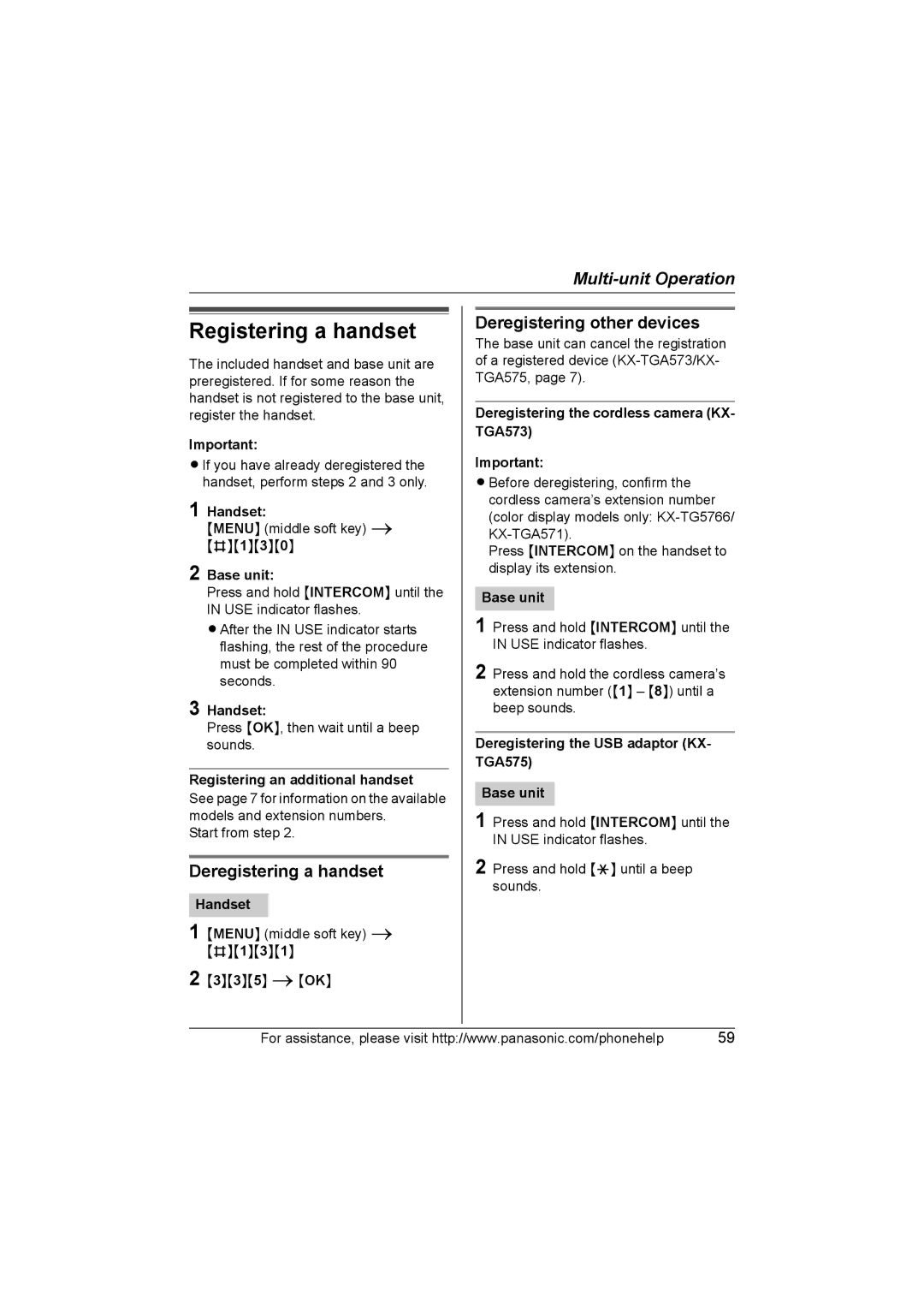 Panasonic KX-TG5761, KX-TG5766, KX-TG5767 Registering a handset, Deregistering a handset, Deregistering other devices 