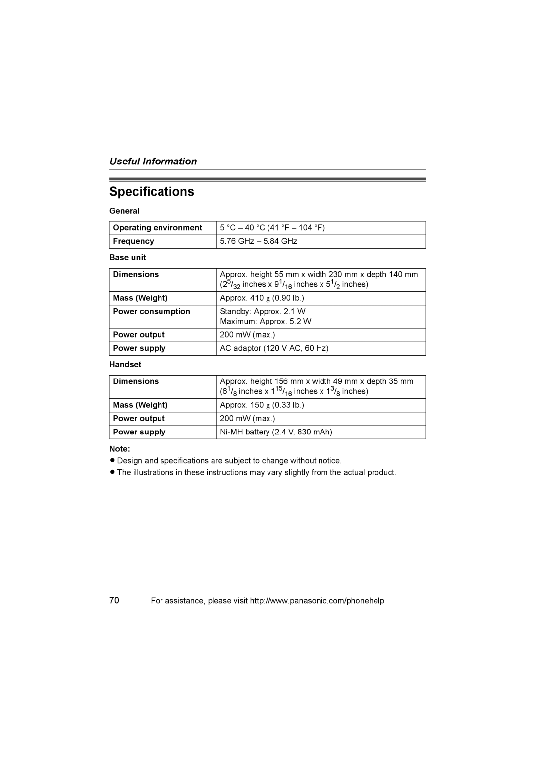 Panasonic KX-TG5761, KX-TG5766, KX-TG5767 operating instructions Specifications 