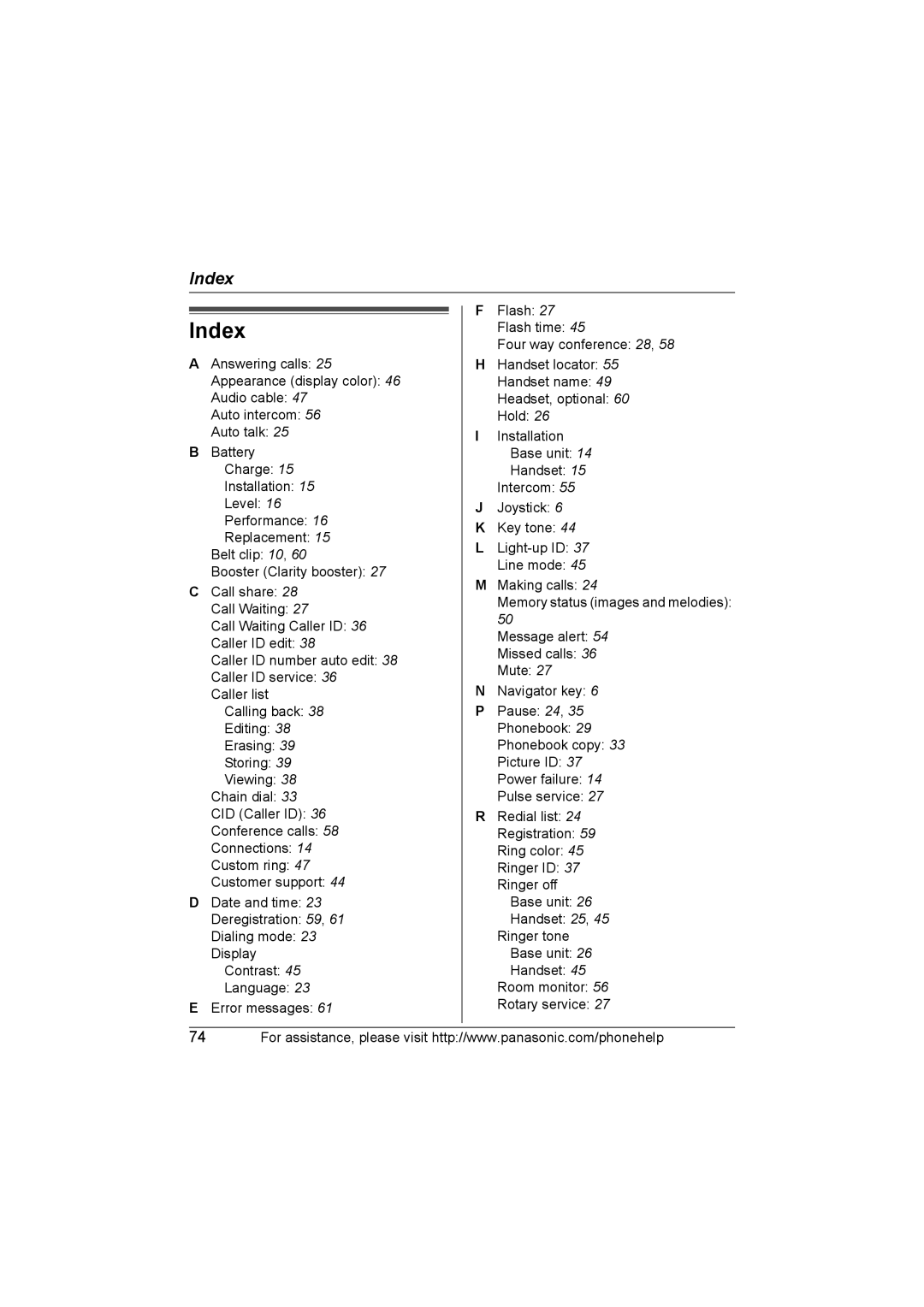 Panasonic KX-TG5761, KX-TG5766, KX-TG5767 operating instructions Index 