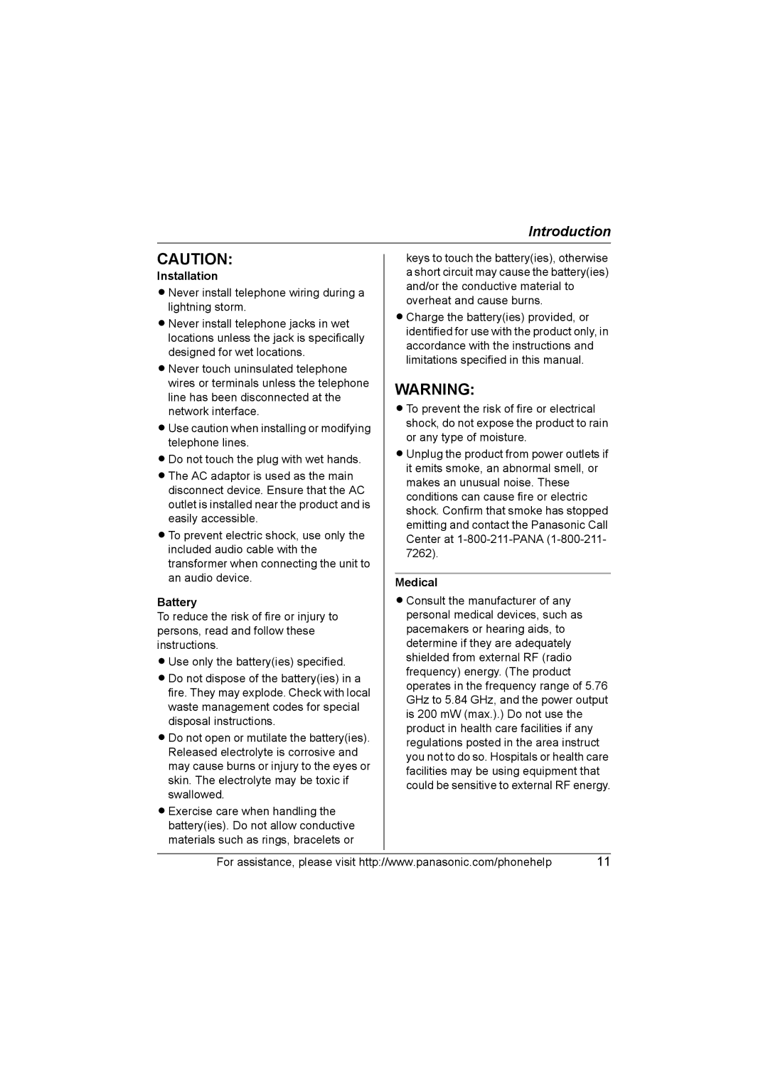 Panasonic KX-TG577 operating instructions Installation, Battery, Medical 