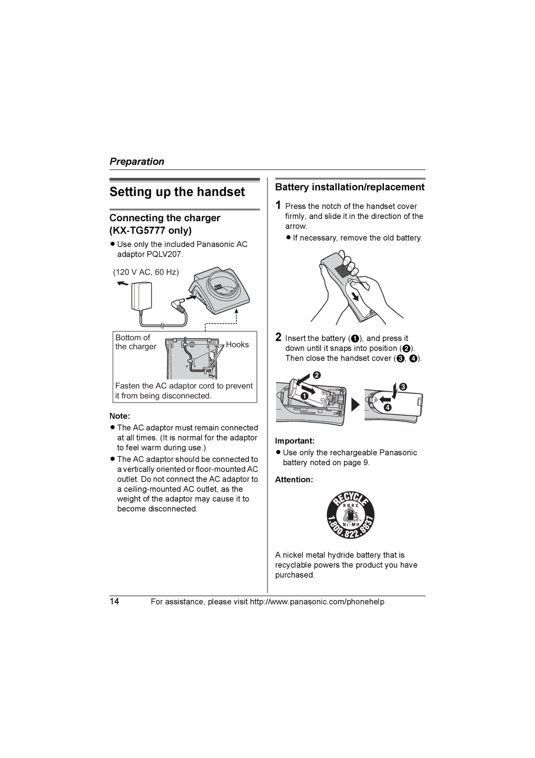 Panasonic Setting up the handset, Connecting the charger KX-TG5777 only, Battery installation/replacement 