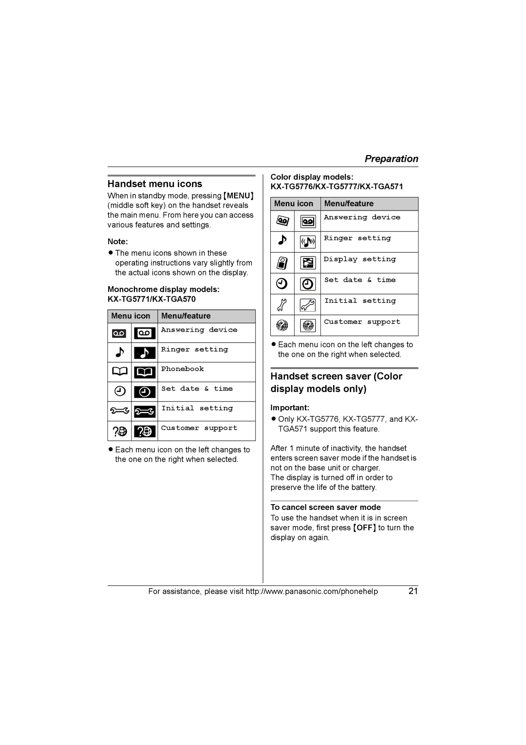 Panasonic KX-TG577 Handset menu icons, Handset screen saver Color display models only, To cancel screen saver mode 