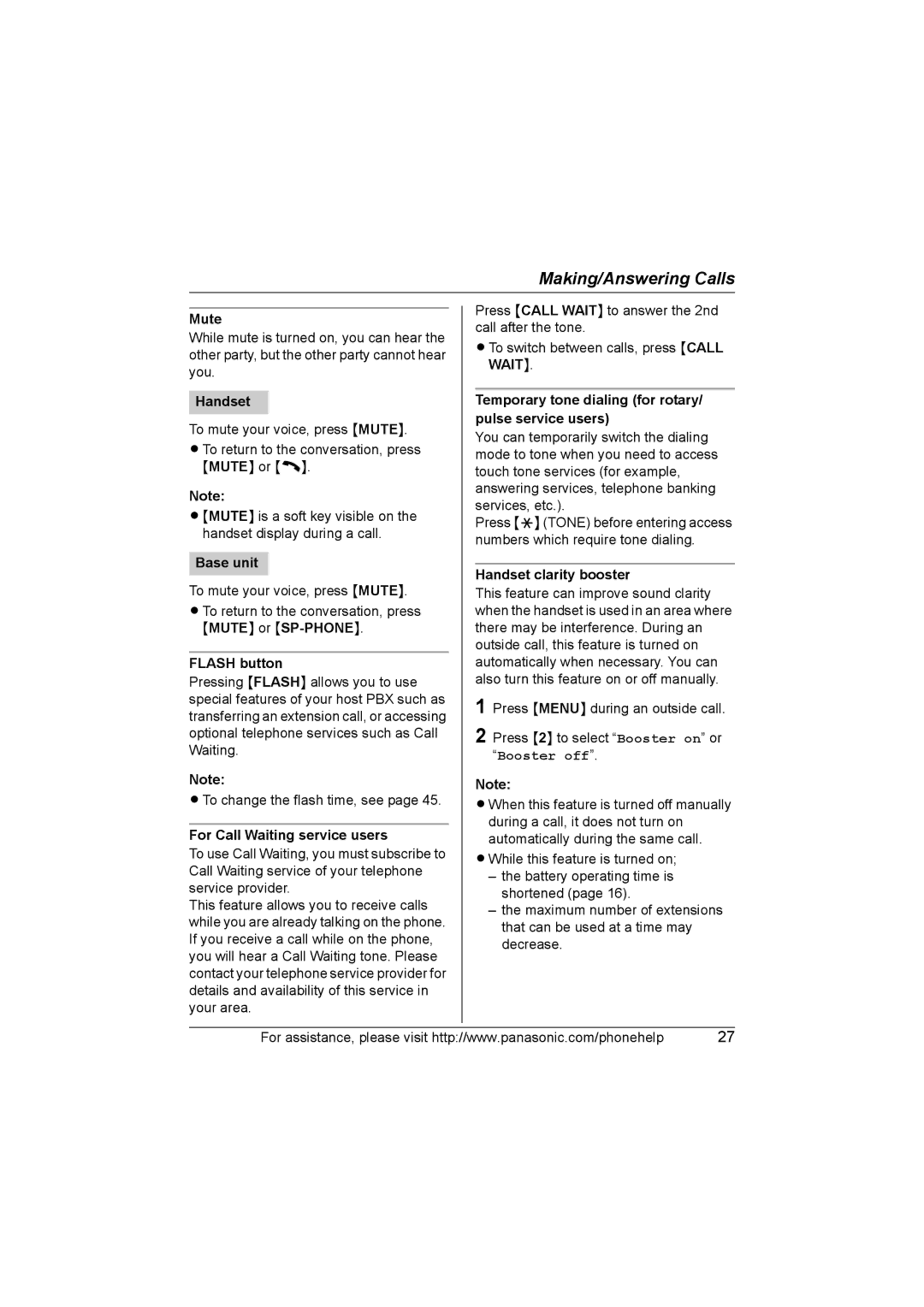 Panasonic KX-TG577 operating instructions Mute, Flash button, For Call Waiting service users, Handset clarity booster 