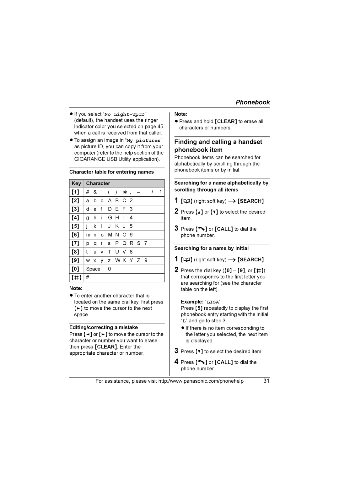 Panasonic KX-TG577 Finding and calling a handset phonebook item, Character table for entering names Key 