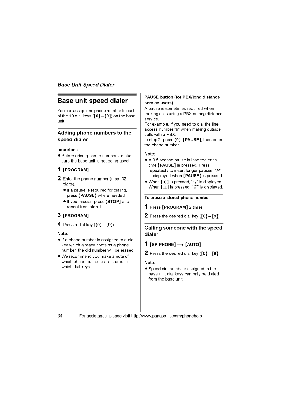 Panasonic KX-TG577 Base unit speed dialer, Adding phone numbers to the speed dialer, Calling someone with the speed dialer 