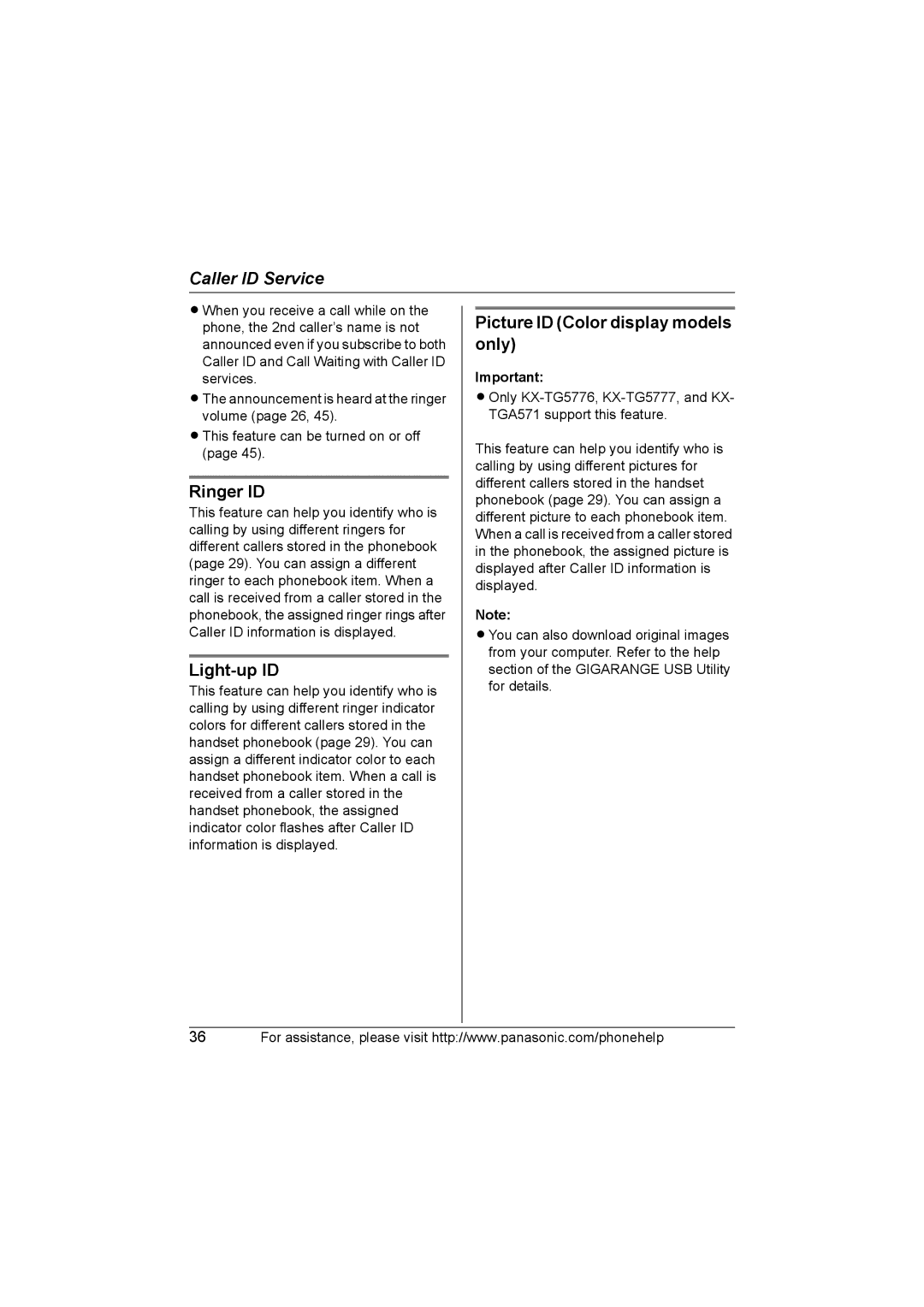 Panasonic KX-TG577 operating instructions Ringer ID, Light-up ID, Picture ID Color display models only 