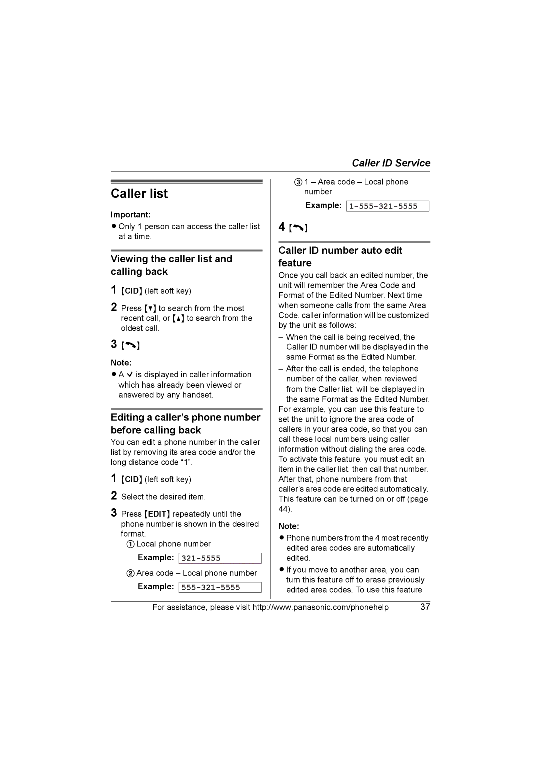 Panasonic KX-TG577 Caller list, Viewing the caller list and calling back, Caller ID number auto edit feature 