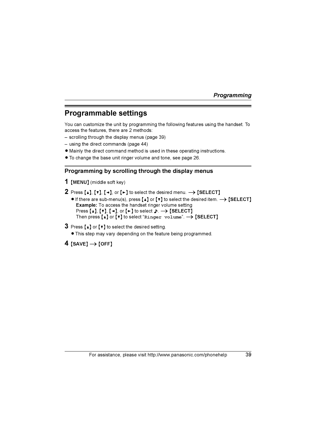 Panasonic KX-TG577 operating instructions Programmable settings, Programming by scrolling through the display menus 