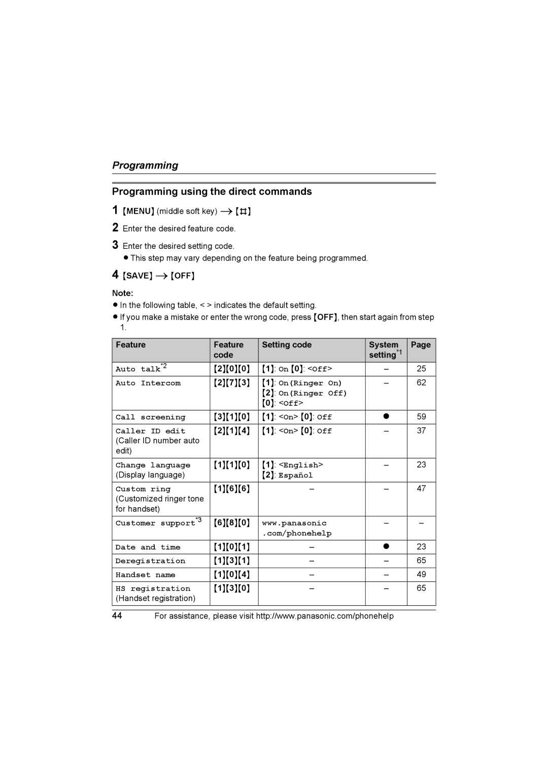 Panasonic KX-TG577 operating instructions Programming using the direct commands 1, Feature Setting code System Code 