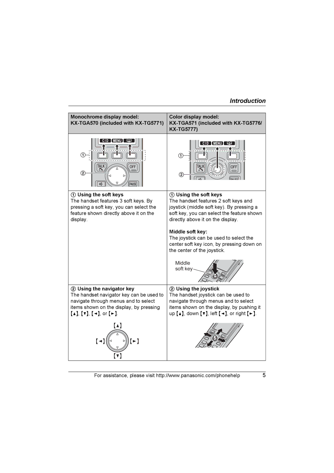 Panasonic KX-TG577 operating instructions Middle soft key, Using the navigator key Using the joystick 