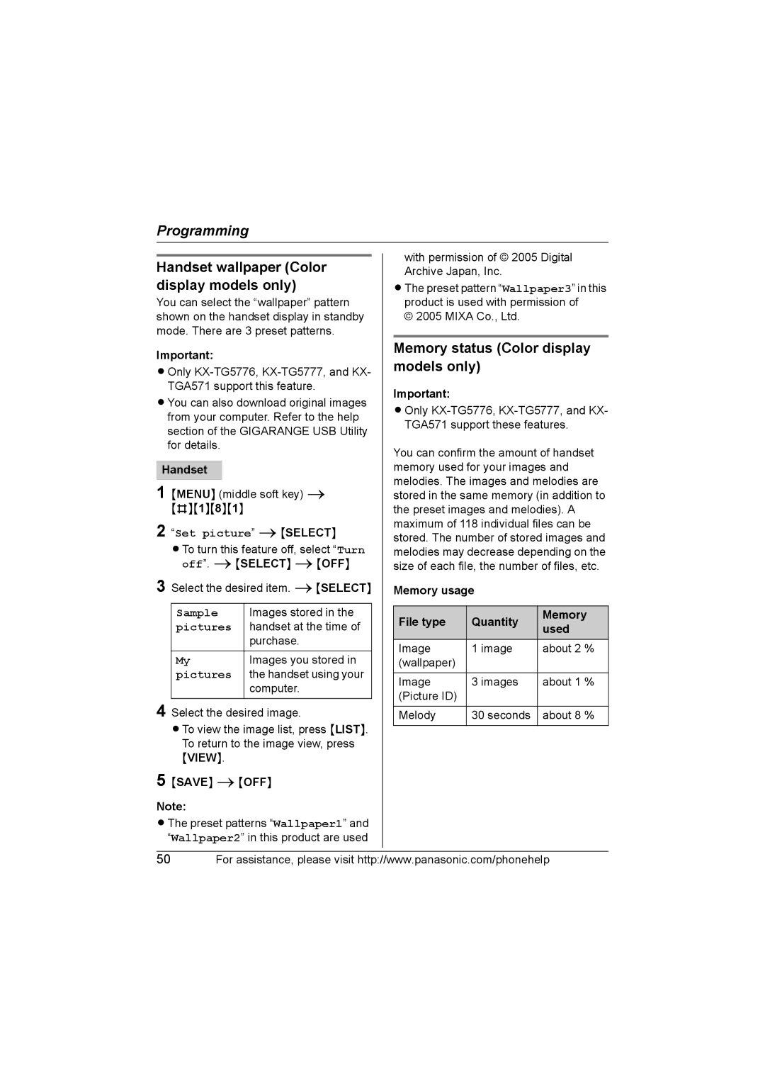 Panasonic KX-TG577 Handset wallpaper Color display models only, Memory status Color display models only 