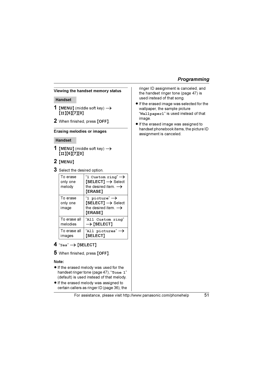 Panasonic KX-TG577 operating instructions Viewing the handset memory status Handset, Erasing melodies or images Handset 