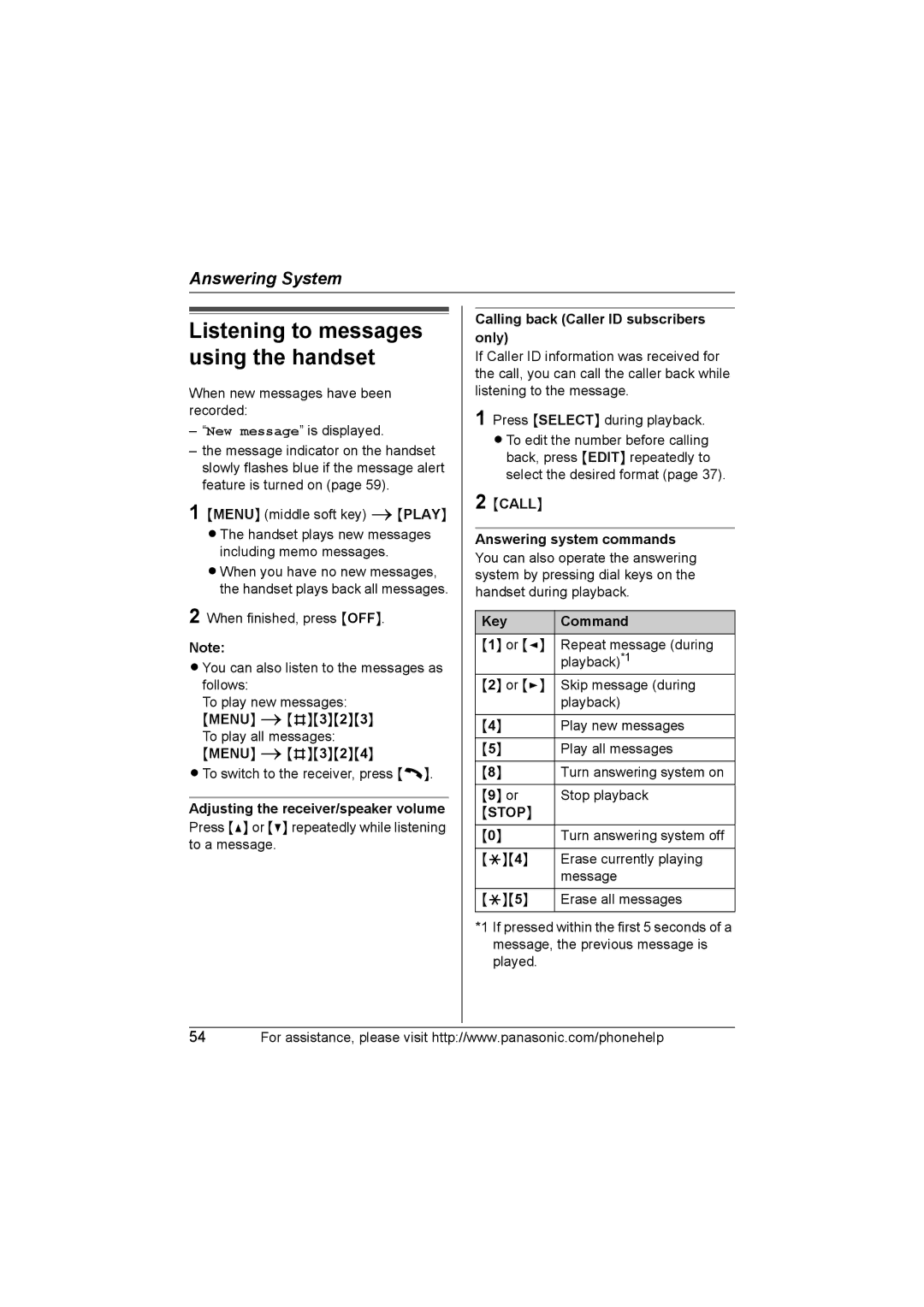 Panasonic KX-TG577 Adjusting the receiver/speaker volume, Calling back Caller ID subscribers only, Key Command 