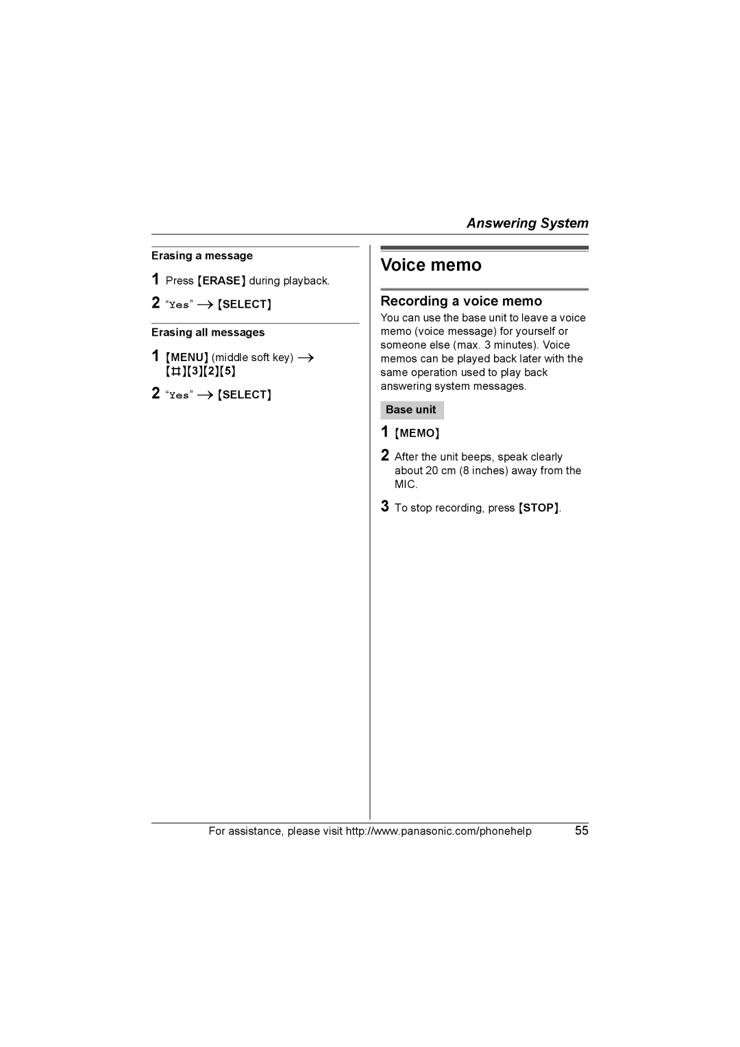 Panasonic KX-TG577 operating instructions Voice memo, Recording a voice memo, Base unit Memo 