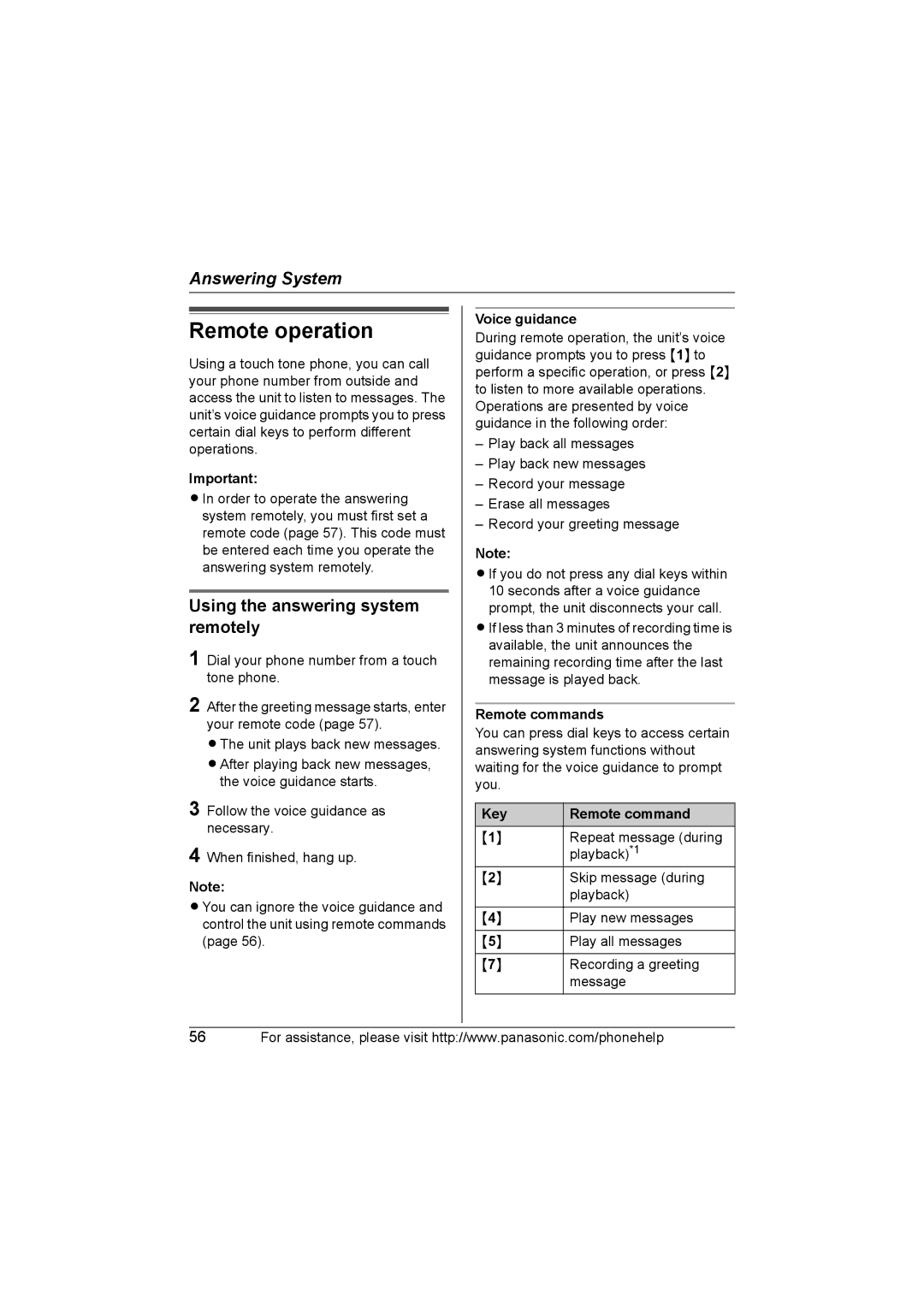 Panasonic KX-TG577 Remote operation, Using the answering system remotely, Voice guidance, Remote commands 