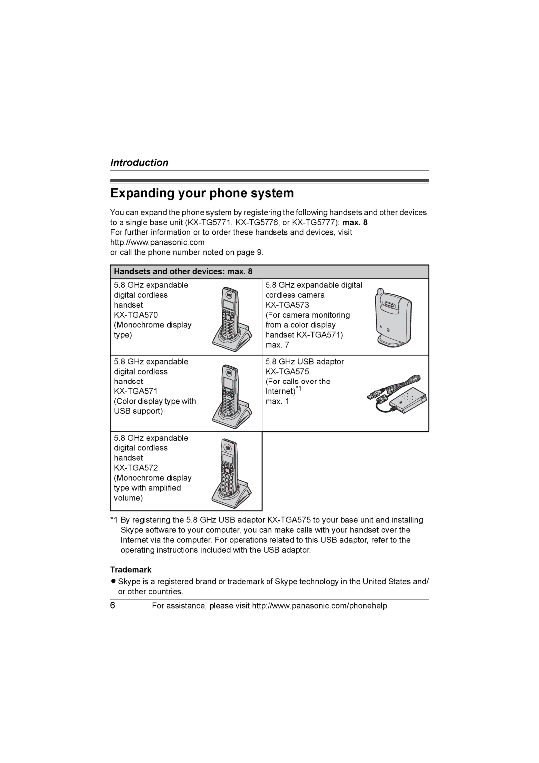 Panasonic KX-TG577 operating instructions Expanding your phone system, Handsets and other devices max, Trademark 