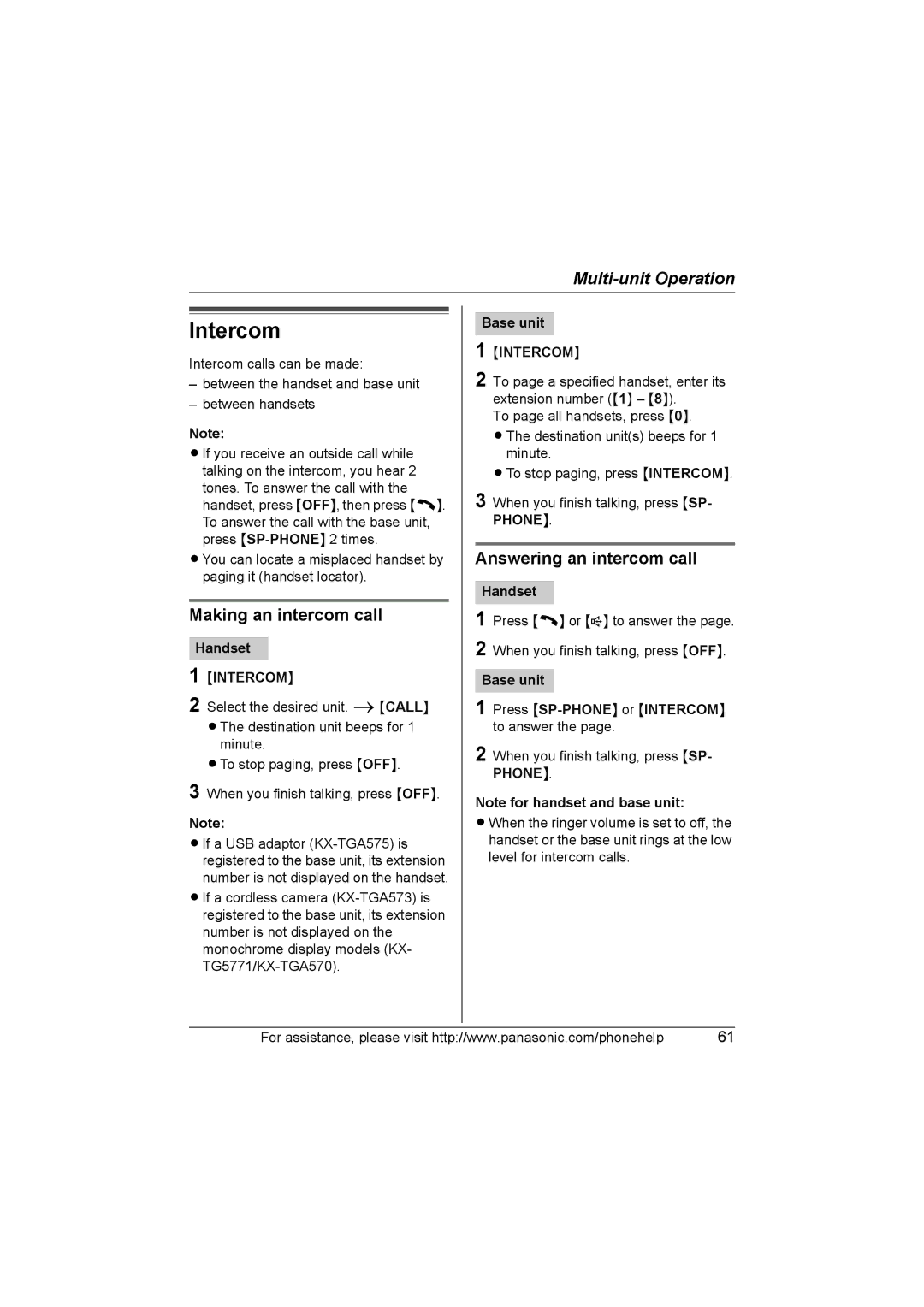 Panasonic KX-TG577 operating instructions Intercom, Making an intercom call, Answering an intercom call 