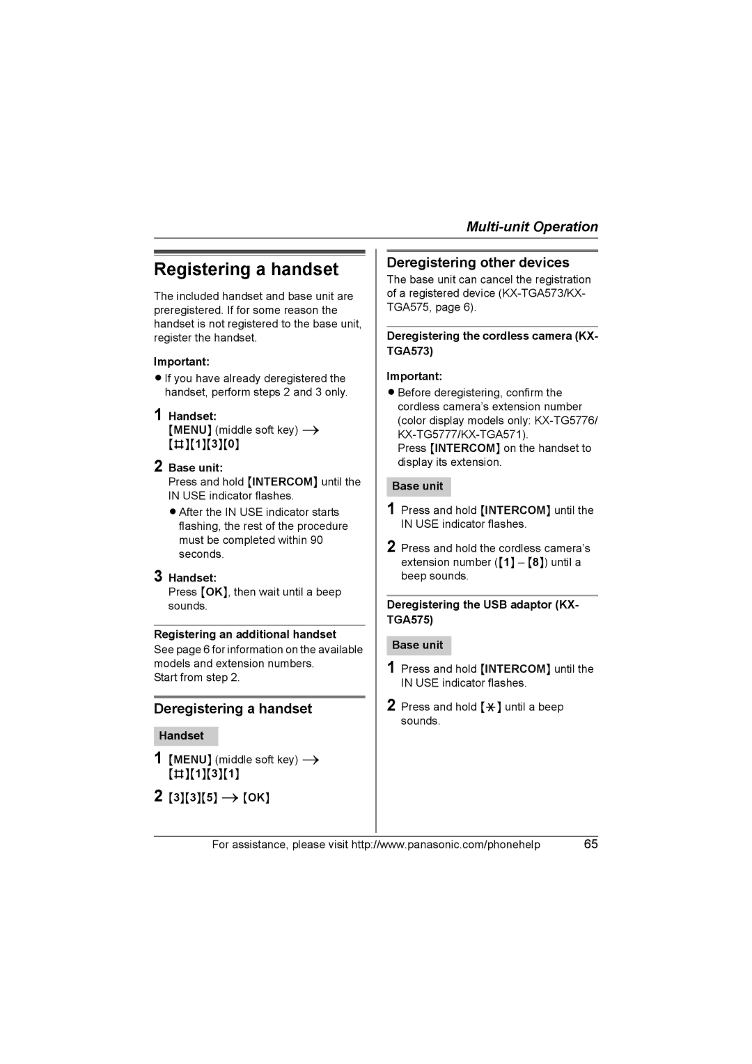 Panasonic KX-TG577 operating instructions Registering a handset, Deregistering a handset, Deregistering other devices 