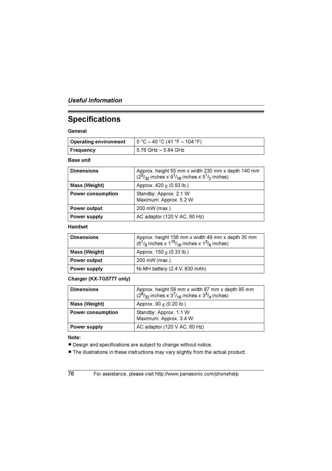 Panasonic KX-TG577 operating instructions Specifications 