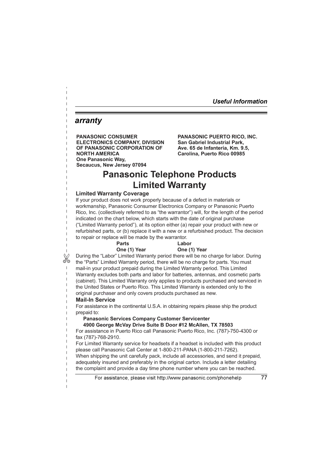 Panasonic KX-TG577 operating instructions Warranty 