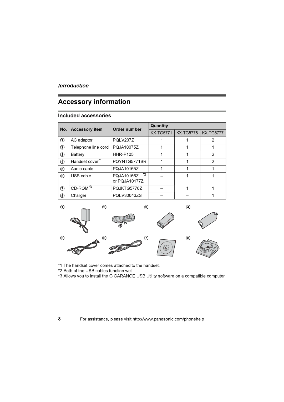 Panasonic KX-TG577 operating instructions Accessory information, Included accessories, Accessory item Order number Quantity 