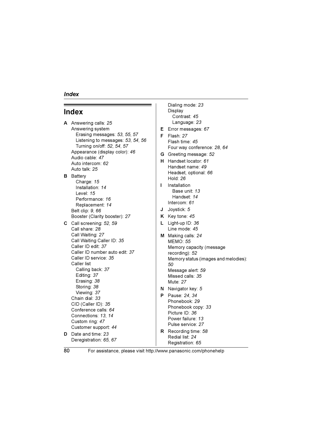 Panasonic KX-TG577 operating instructions Index 