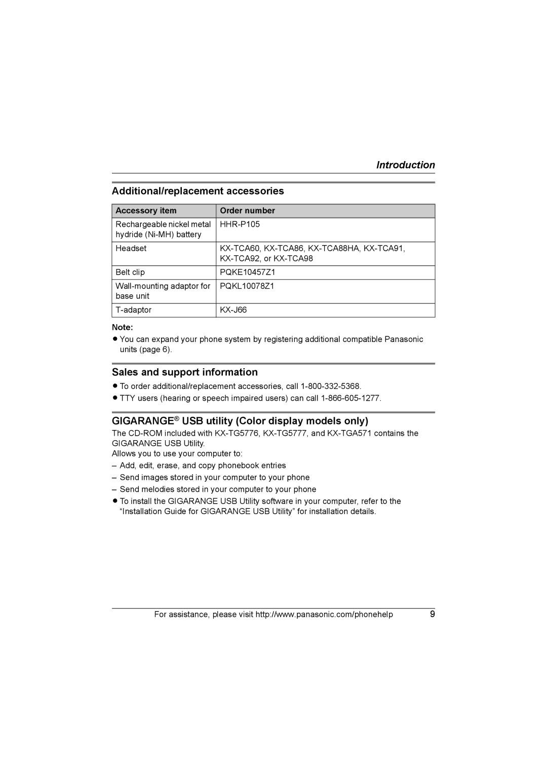 Panasonic KX-TG577 Additional/replacement accessories, Sales and support information, Accessory item Order number 