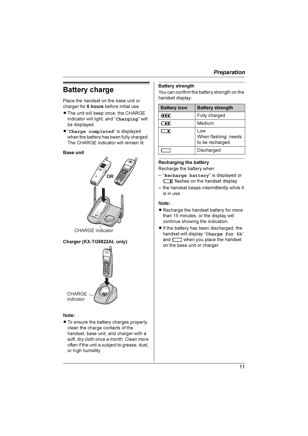 Panasonic KX-TG5821AL, KX-TG5822AL Battery charge, Battery icon Battery strength, Recharging the battery 