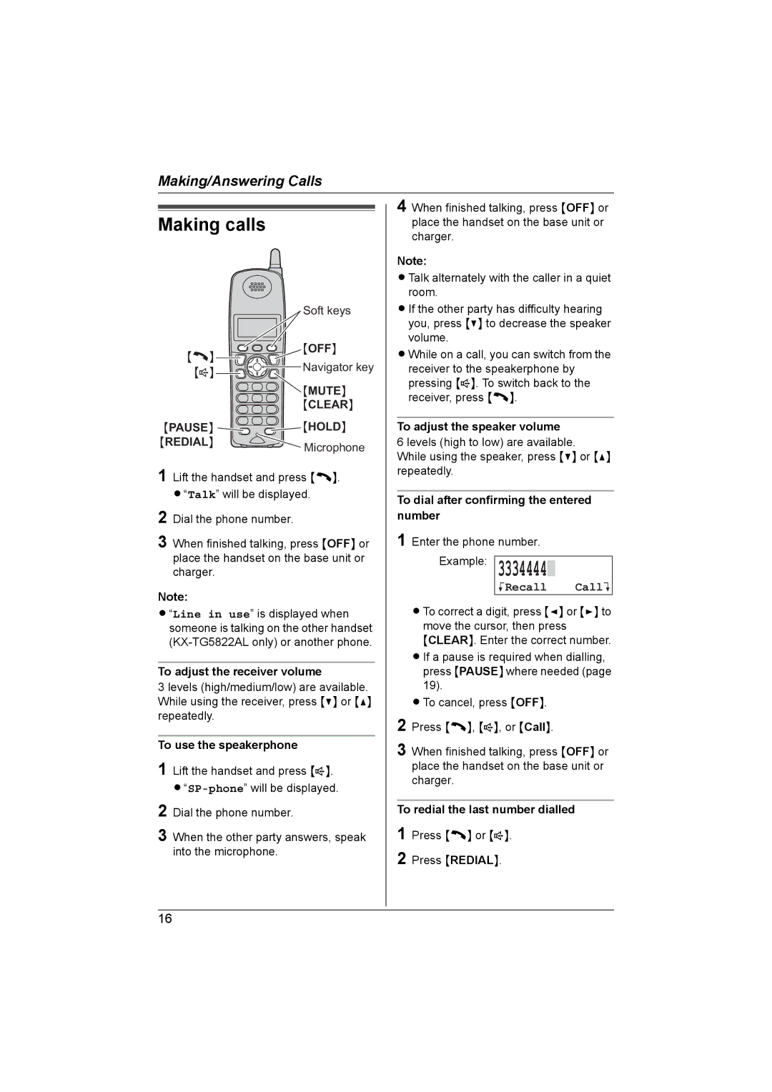 Panasonic KX-TG5821AL, KX-TG5822AL operating instructions Making calls, KRecall CallL 