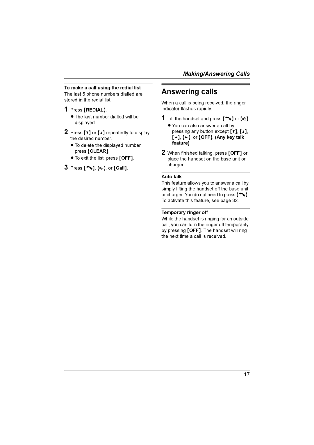 Panasonic KX-TG5822AL Answering calls, To make a call using the redial list, Auto talk, Temporary ringer off 