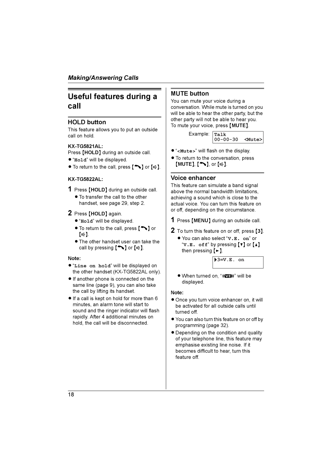 Panasonic KX-TG5821AL, KX-TG5822AL Useful features during a call, Hold button, Mute button, Voice enhancer 