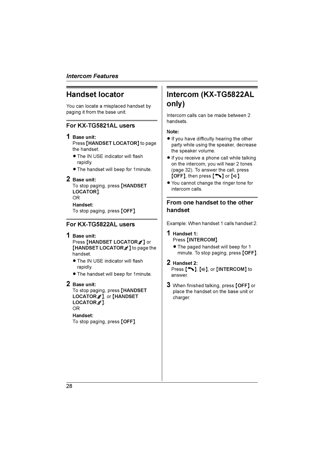 Panasonic KX-TG5821AL, KX-TG5822AL operating instructions Handset locator, Intercom KX-TG5822AL only, For KX-TG5821AL users 