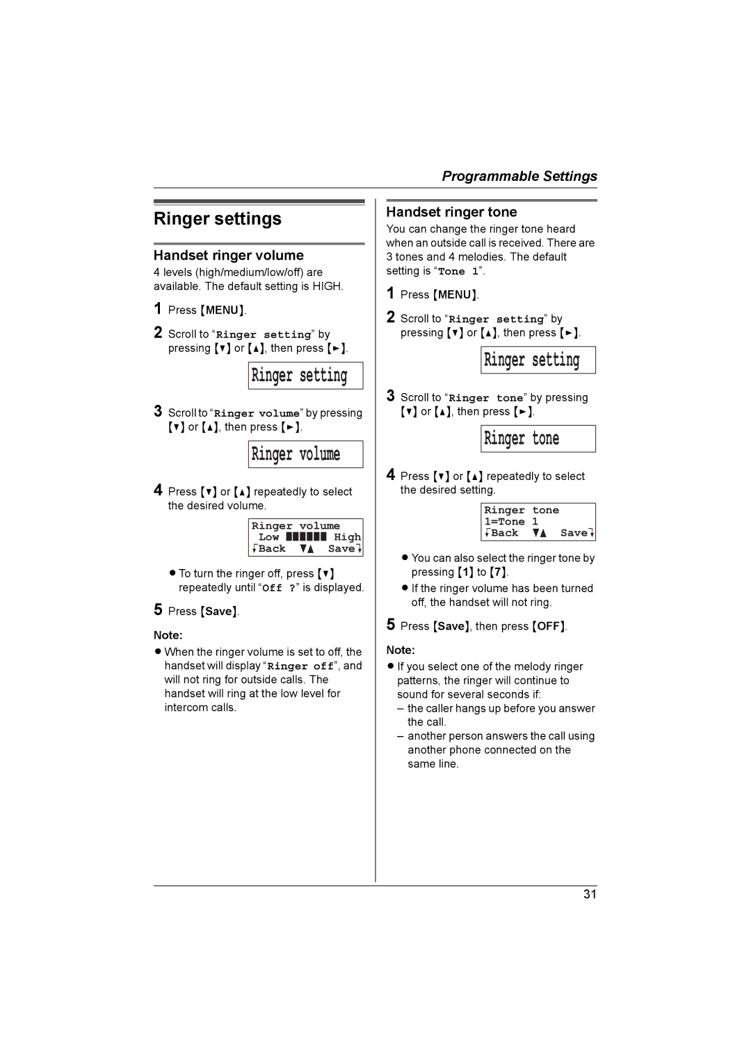 Panasonic KX-TG5822AL Ringer settings, Handset ringer volume, Handset ringer tone, Ringer volume Low High KBack dB SaveL 