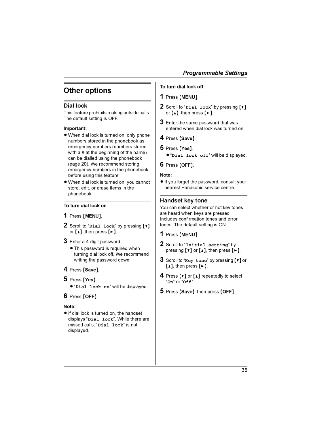 Panasonic KX-TG5822AL operating instructions Other options, Dial lock, Handset key tone, To turn dial lock on 1 Press Menu 