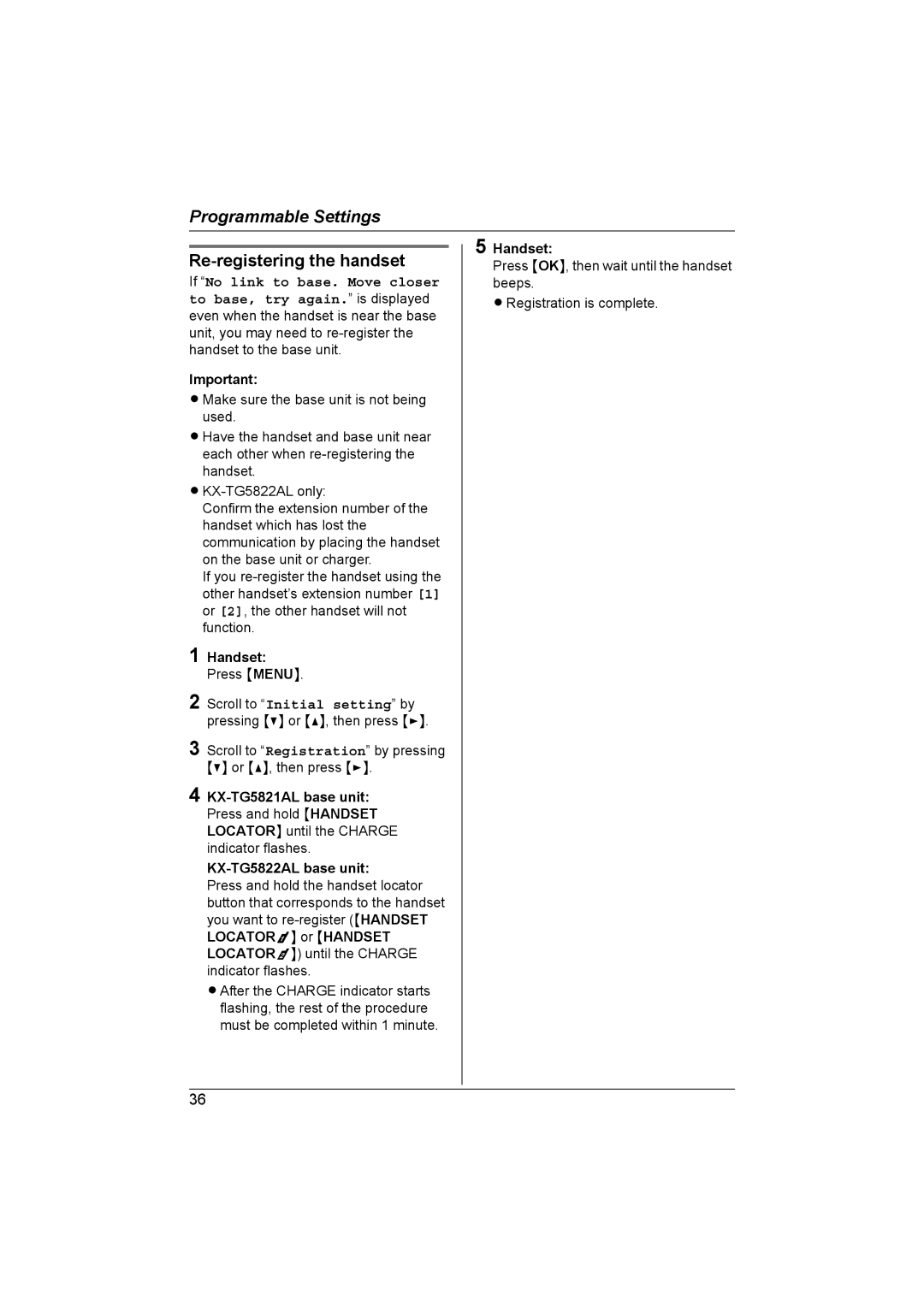 Panasonic KX-TG5821AL, KX-TG5822AL operating instructions Re-registering the handset, Handset 