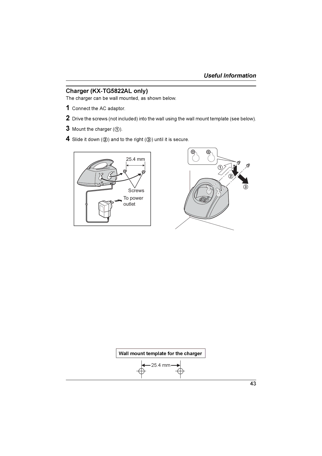 Panasonic KX-TG5821AL, KX-TG5822AL operating instructions Charger KX-TG5822AL only, Wall mount template for the charger 