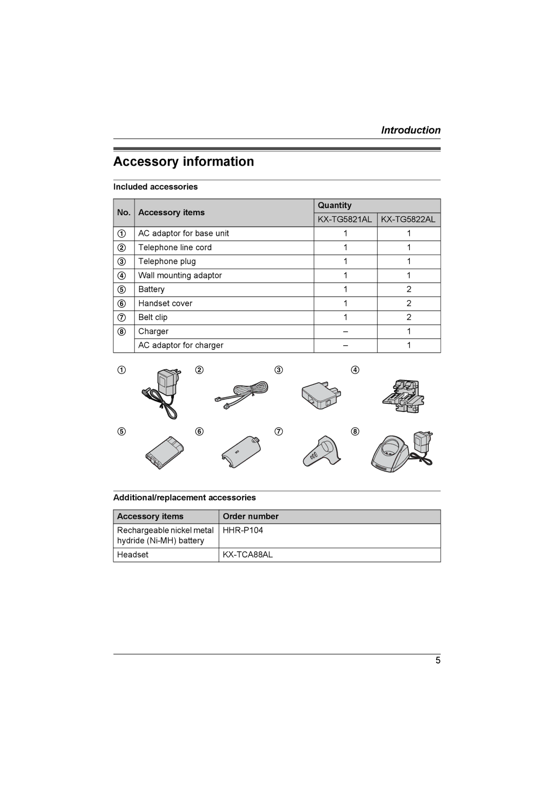 Panasonic KX-TG5821AL, KX-TG5822AL Accessory information, Included accessories Accessory items Quantity 