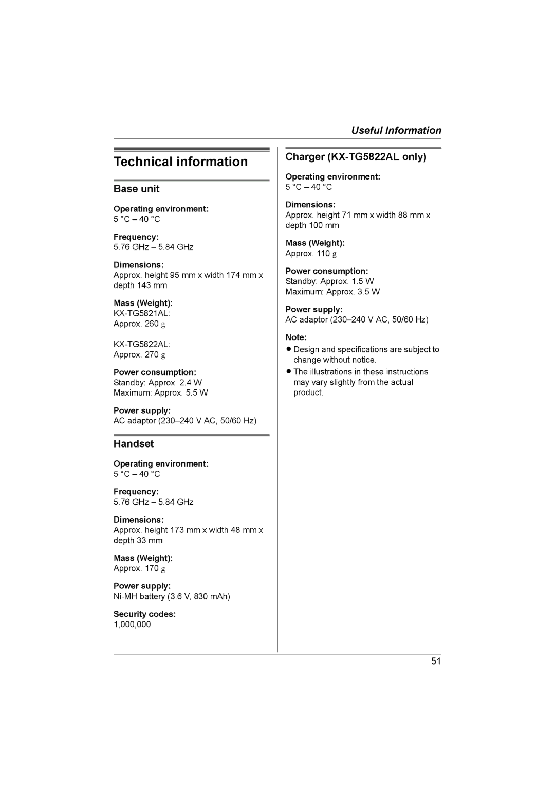 Panasonic KX-TG5821AL, KX-TG5822AL operating instructions Technical information, Handset 