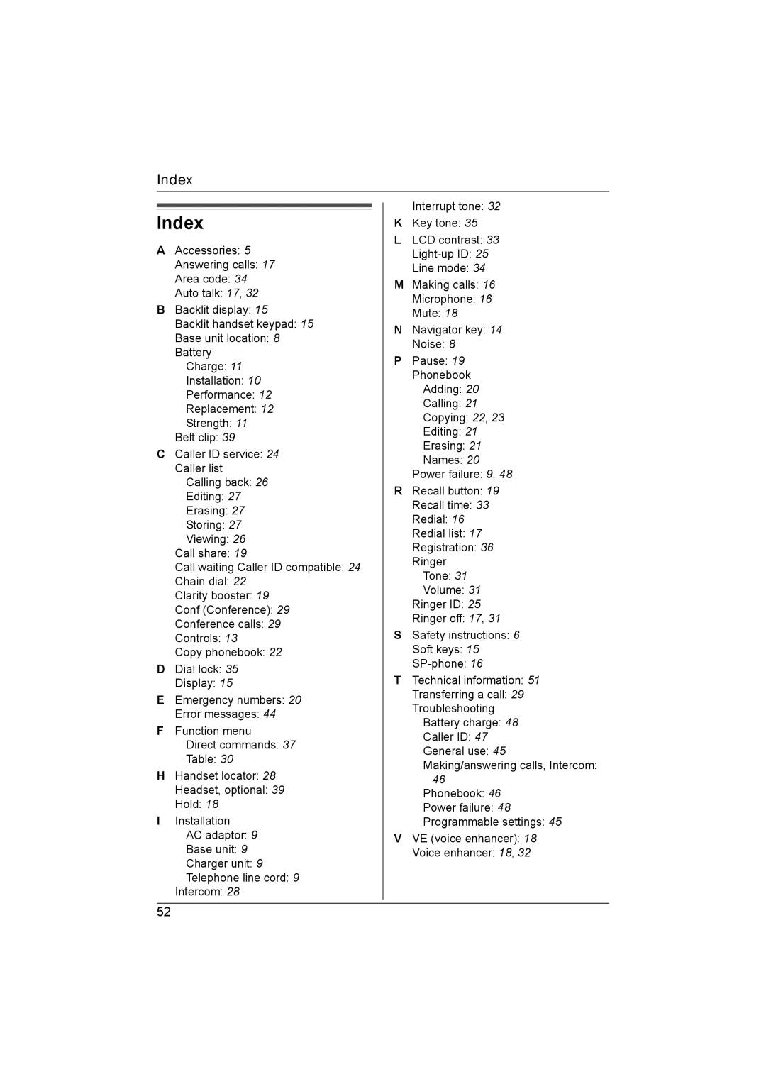 Panasonic KX-TG5821AL, KX-TG5822AL operating instructions Index 