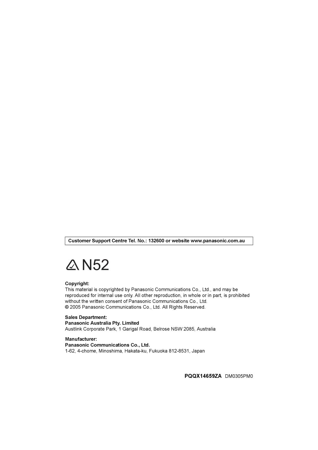 Panasonic KX-TG5821AL, KX-TG5822AL Copyright Sales Department Panasonic Australia Pty. Limited, Manufacturer 