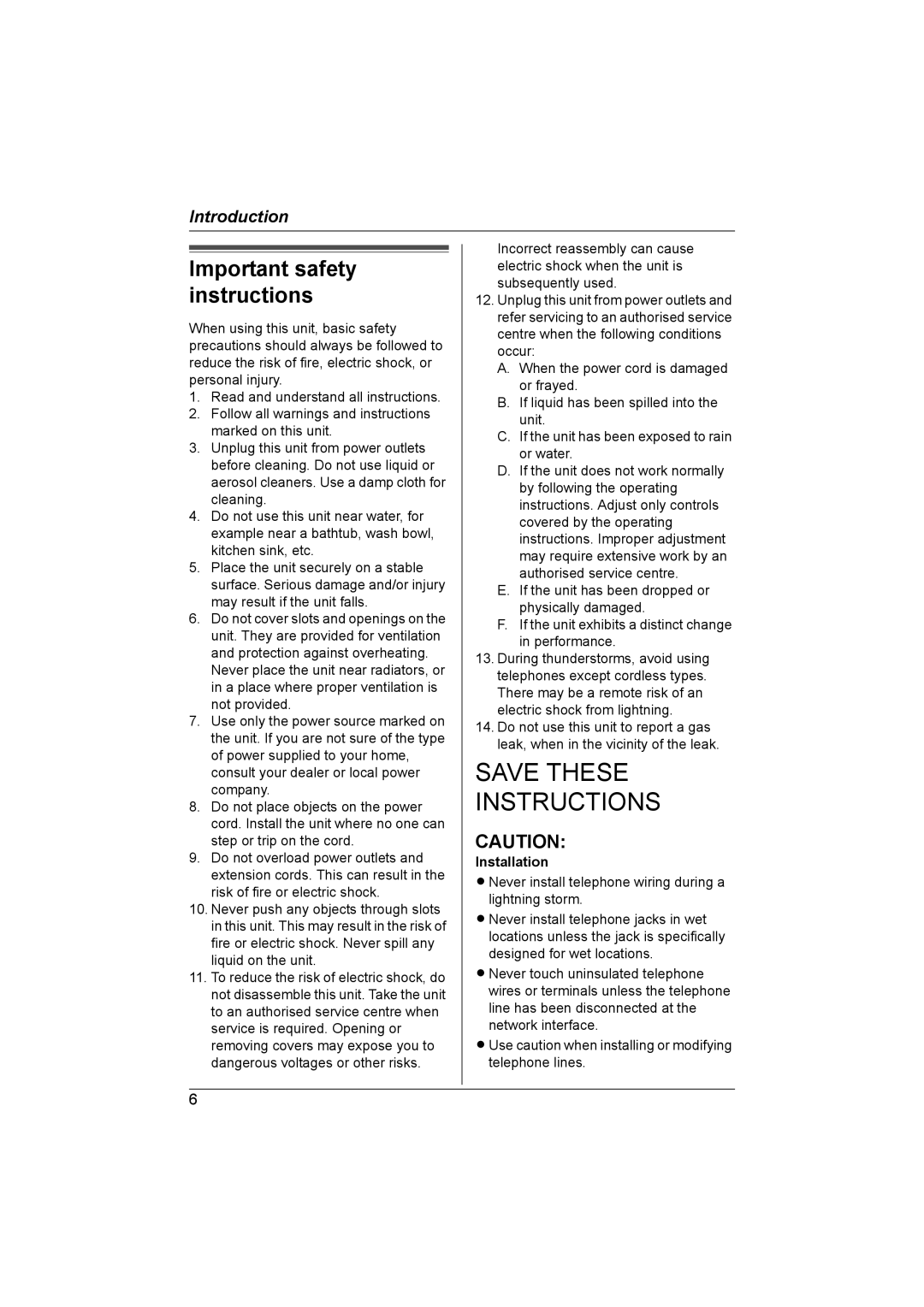 Panasonic KX-TG5821AL, KX-TG5822AL operating instructions Important safety instructions, Installation 