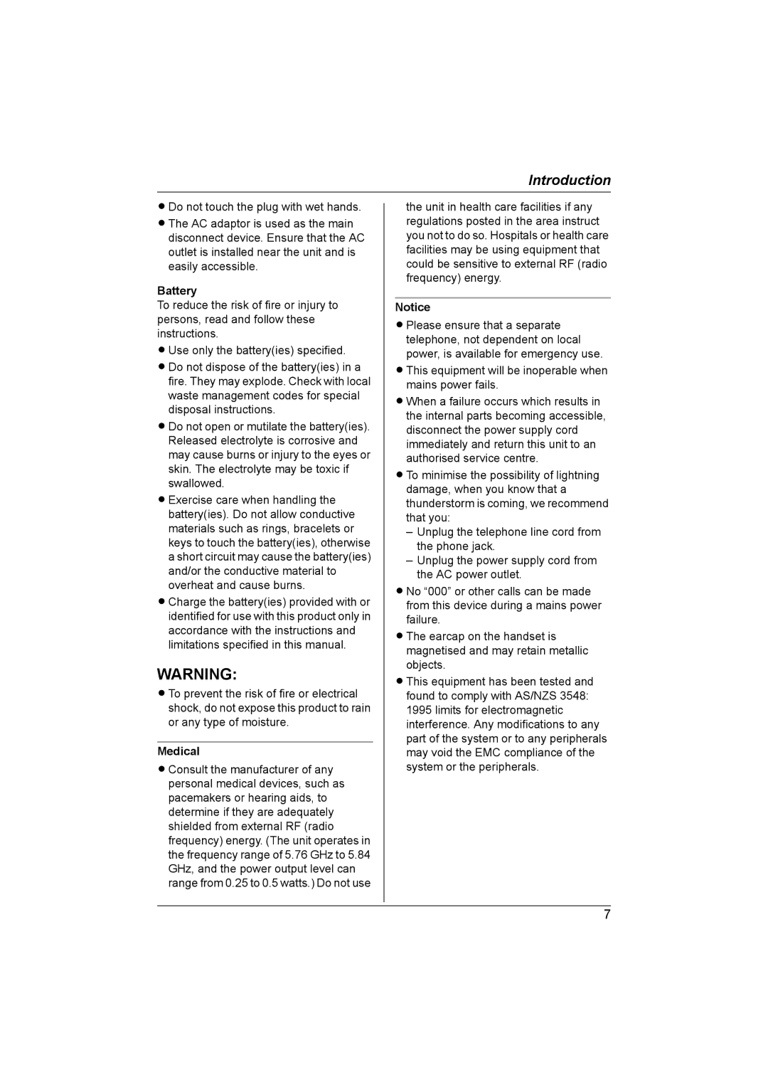 Panasonic KX-TG5821AL, KX-TG5822AL operating instructions Battery, Medical 